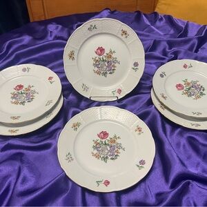 Vintage Bohemia Porcelain Bread Plates with Pink Floral Bouquet (Set of 4)